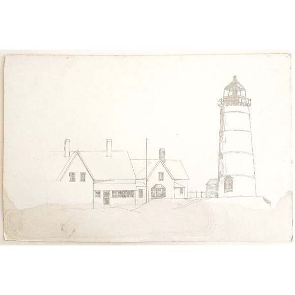 1960-70s Original Art Pencil Drawing Maine Lighthouse OOAK Unsigned DWWW14 - Picture 2 of 2